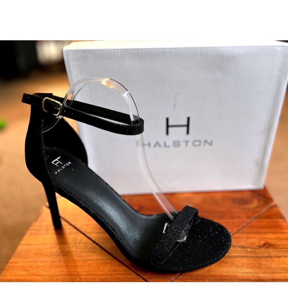 Halston Maui Black Glitter Stiletto Ankle Strap Sandals Heels US 10 EU 41